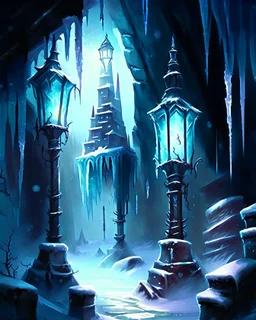 ice dungeon with lamp posts fantasy rpg art painterly