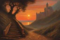 beautiful sunset, stairs, mountains, pathway, gothic disturbing influence, dark alice in wonderland influence, rodolphe wytsman, jenny montigny, and friedrich eckenfelder impressionism paintings