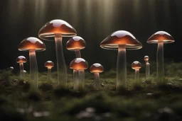 a fairy ring of oversize transparent glass mushrooms, phtorealistic
