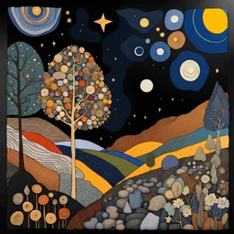 Colourful, peaceful, Egon Schiele, Max Ernst, Gustav Klimt, Vincent Van Gogh, night sky filled with galaxies and stars, rocks, trees, flowers, one-line drawing, sharp focus, 8k, deep 3d field, intricate, ornate