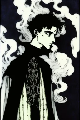 17 year old boy, necromancer, friendly, looks dead, surrounded by weird smoke with eyes, wearing black robes, in the style of Harry Clarke