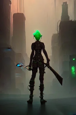 dystopian city, goblin, green hair, holding an axe, steampunk style