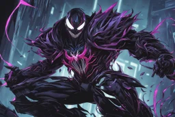 Venom Shredder machine in 8k solo leveling shadow artstyle, sombra them, close picture, rain, Shredder helmet, neon lights, intricate details, highly detailed, high details, detailed portrait, masterpiece,ultra detailed, ultra quality