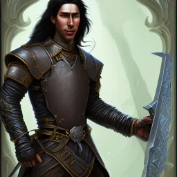 D&D character, male, long black hair, dark tan skin, artificer, holding gun, light armor, chain armor