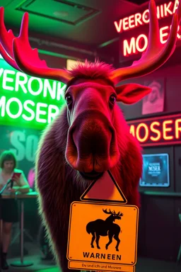 An big female moose with big eyes "Veronika Moser" performing at dance club, her name is "Moser" HAIRY FRUITS EVERYWERE On stage, Green Neon lights and smog, and "VERONIKA MOSER" big sign on the wall, "DU UND ICH UND MOSER" red plate sign, Swedish Yellow warning sign with moose