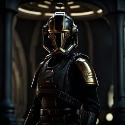 star wars bald male corellian pilot wearing gunmetal grey and black first order armored TIE pilot flightsuit and helmet with gold trim inside the jedi temple, centered head and shoulders portrait, hyperdetailed, dynamic lighting, hyperdetailed background, 8k resolution, volumetric lighting, light skin, fully symmetric details