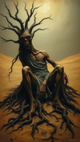 Bosch painting style nightmare, a man with tree roots legs in the ground and head looks like evil , in the desert sands , dramatic sad scene, fantasy, scary.