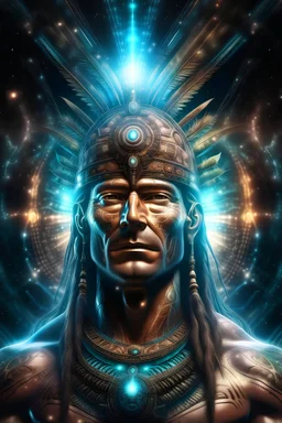 Potrait of a divine warrior made up of cosmic energy