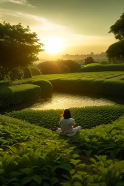 A serene, peaceful scene of a person sitting in a lush, green tea garden, surrounded by rows of tea plants and a tranquil pond, with the sun setting in the distance.