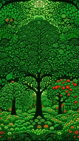 Dark emerald green woods with apple trees designed in African masks painted by Paul Ranson