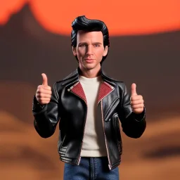 wide view young Fonzie with black hair greaser toy Action figure doll 1975 (thumbs-up) (face) Forehead grin, fonzarelli, jukebox background, eyes fonziE fonz