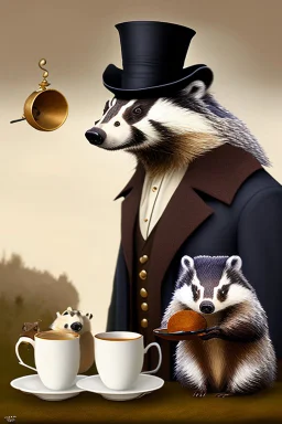 Anthropomorphic European badger wearing a tophat and having a tea party with his other anthropomorphic animal buddies. Illustration.