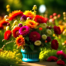 Act as a florist and provide a detailed description of a beautiful bouquet of flowers that would be perfect for placing in a basket on a seat. Describe the flowers, their colors, the arrangement, and any additional decorative elements that would enhance the overall aesthetic. Be sure to use vivid language to paint a vibrant picture of the bouquet, enticing the reader's senses.