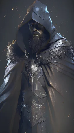 man, medium blond beard but maintained, black cape and, black hood that cover his face, dark brown leather tunic, large steel armor, basic and rough outfit, a masterpiece, dark fantasy concept art, dynamic lighting, hyperdetailed, intricately detailed, Splash screen art, trending on Artstation, deep color, Unreal Engine, volumetric lighting