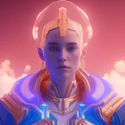 A portrait of a crystalised blue pink extraterrestrial, gold, diamonds, sunny background, atmospheric, realistic, unreal engine, 8k. Cinematic lighting, octane render.