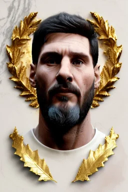 Ultra Realistic image, Roman sculpture, white marble material, Lionel Messi, gold Laurel leaves wreath, renaissance ornaments, one gold star in heart, marble and gold ornaments background, chisel style, waist up portrait, emperor style, epic, celestial, cinematic lighting, God light, god rays, 4k resolution, smooth details, ornate details, soft lighting, unreal engine 5, art station, substance 3d.