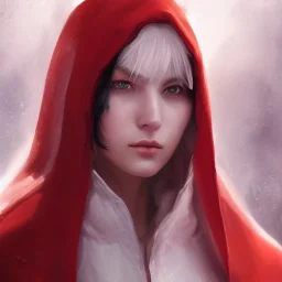 a _ fantasy _ style _ portrait _ painting _ of beautiful white female red silky hair short head smirk round face hood robe rpg dnd oil _ painting _ unreal _ 5 _ daz. _ rpg _ portrait _ extremely _ detailed _ artgerm _ greg _ rutkowski _ greg