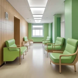 Salle d'attente, hôpital, chaises vert es pastel, et bois, dans l'espace