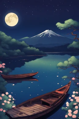 "It is night time, the sky is filled with stars, you can see the Milky Way crossing it. On the side, there is a flowering tree, fireflies are circling around it. In front, there is a magnificent lake, small boats with lights gently float upon it, the people on the boats are wearing Japanese kimonos. Behind it rises majestically Mount Fuji, emanating all the power and wisdom it inspires."