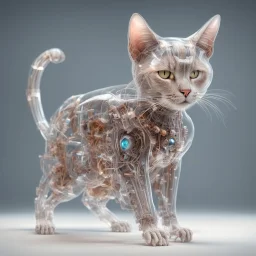 Mechanical anatomy of a cat being, transparent skin revealing all the mechanisms 8k