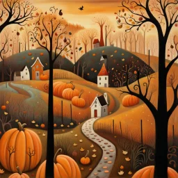 Painting of a path through a pumpkin patch, swan country, whimsical art, late autumn, village in the woods, Jane Newland, whimsical fantasy landscape art, spooky autumn colors, in autumn, by Janet Archer, by Sheila McLean, very coherent works Stylish Art, by Elaine Hamilton, Landscape Works, by Jane Kelly, Amazing Art, by Tom Scott RSA