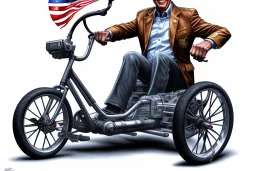 true-to-life pencil and color marker portrait of realistic joe biden riding a tricycle, with an extra set of carrying wheels and rollcage for safety, by kim jung gi