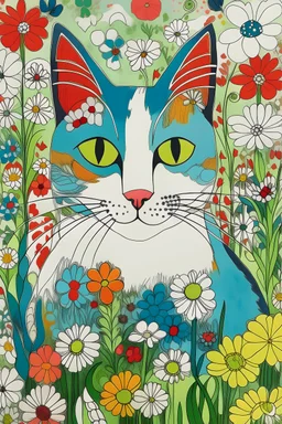 Portrait of a cat and background fill with flowers, thick lines, --ar 9:11