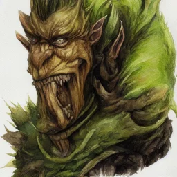 dungeons and dragons, fantasy, goblin, king, ochre skin, watercolour, distinct face, portrain, head