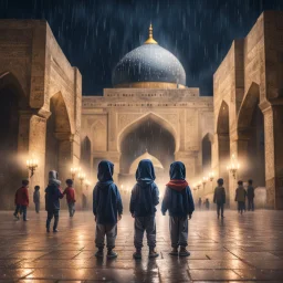 Hyper Realistic Children in Al-Aqsa Mosque with garland lights decorations at Rainy Night