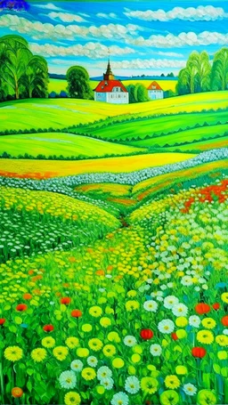 A lime green fields with a flower meadow designed in Matryoshka dolls painted by Edvard Munch