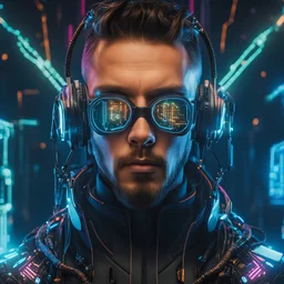 a portrait of a cyberpunk hacker with futuristic technical gadgets in his face. Cyberspace background 8k , masterpiece, dark, evil, hologramm, ai, cables, epic, Hologramm, cyber like, cyberpunk, futuristic, sauron