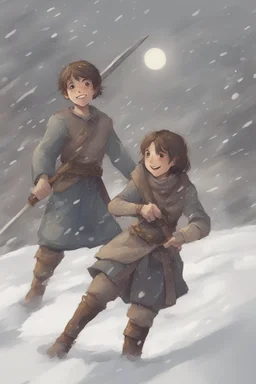 DnD style, two medieval peasant kids playing in the snow male and female, age 14 and 15, happy and playful, he has a short sword.