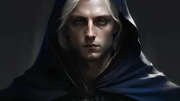 A lithe elven man with platinum blonde hair and dark blue eyes wearing a black velvety hooded cloak over a dark gambeson