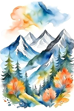 design for t-shirt, watercolor painting of trees and mountains, a painting environmental art, detailed painting, painterly, artwork