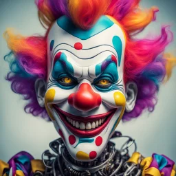 a robotic face of a clown, colorful vibrant colors, villanous grin smile.