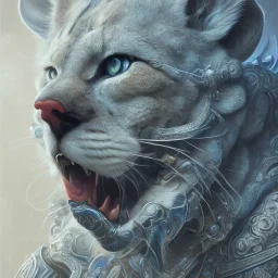 a cougar warrior in blue and white battle armor, a highly detailed illustration, background of Inka jungle, realistic render, 8 k, micro detail, intricate, elegant, centered, digital painting, Artstation, smooth, sharp focus, illustration, artgerm, tomasz alen kopera, peter mohrbacher, donato giancola, joseph christian leyendecker, wlop, boris vallejo