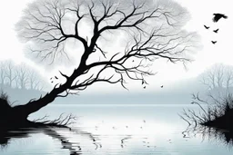 Illustration of a lonely dark tree with barren branches stands on a water's edge, reflected in the water, fog, crows on the sky, mystical landscape, sinister mood, line art