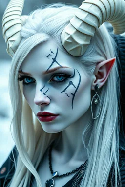 female tiefling, snow white skin, blue eyes, black sclera, white markhor horns, silver-white hair, high nostril piercings, septum piercing, and philtrum piercing, face tattoo, with black wold by her sidew