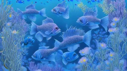 fish swimming in a garden of blue flowers, light blue lavender color, dark blue, detailed photo