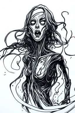 pen art sketch of a malevolent shape shifting female Funayurei water ghost , rough lines, boldly inked,