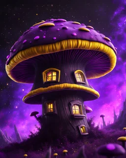 A weird floating mushroom house in galactic space. black purple yellow and white, Dark cosmic interstellar. Detailed Matte Painting, deep color, fantastical, intricate detail, splash screen, hyperdetailed, insane depth, concept art, 8k resolution, trending on Artstation, Unreal Engine 5, color depth, backlit, splash art, dramatic, High Quality Whimsical Fun Imaginative unusual, good composition