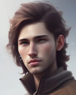  boy, cute, young, brown hair, brown eyes, medium hair, close up, head and shoulders portrait, head and shoulders portrait, 8k resolution concept art portrait by Greg Rutkowski,