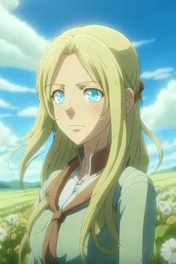 Attack on Titan screencap of a female with long, wavy light hair and big greenish blue eyes. Beautiful background scenery of a flower field behind her. With studio art screencap.