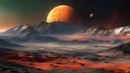 Landscape photograph on the surface of Io (moon of Jupiter), very tall mountains, volcanoes, pits, vents and lava flows, extensive smooth plains with a frosty coating in subtle shades of yellow, red, white, black, and green, Jupiter in the sky, exquisite composition, beautiful detailed intricate insanely detailed octane render, 16k artistic photography, photorealistic concept art, soft natural volumetric cinematic perfect light, chiaroscuro, award-winning photograph, masterpiece