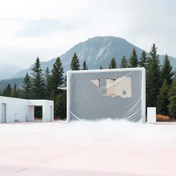 A super high definition photo of an open space with white structures and a large computer screen. A transparent tarpaulin covers an image resembling a ruined building. There is a group of fir trees in the background and a high hill in the distance. The surface below is in a pastel color. Fog is present.