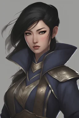asian female warrior mage with shoulder lenght dark hair. The dark hair contrasted and complimented her soft facial features. Below her left eye there is a tattoo of fine lined design that looks like a solid line. She had a fashionable yet practical jacket of a midnight blue overtop a silver steel chest plate and underneath it all a modern cut of mage robes the color of cream with ornate blue edging.