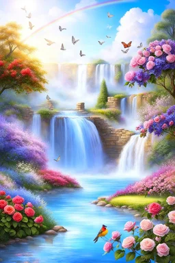 Trés belles roses, rainbows, beautiful colors gardens , flowers, cascades,Birds, butterfly