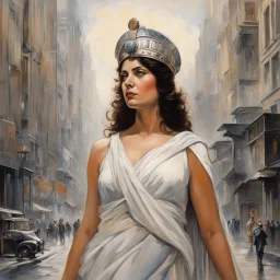 [Part of the series by Fernand Leduc] In a bustling city, a woman resembling Athena emerges, exuding wisdom and strength.