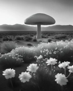 ULTRA REALISTIC, B&W Photograph, A mushroom cloud made of WHITE FLOWERS, in the distance in the desert, at Golden Hour, cinematic, cinematic shot, dynamic composition, details, intricate detail, professional lighting, film lighting, 35mm, anamorphic, lightroom, cinematography, bokeh, lens flare, film grain, hdr10, 8k, Roger Deakins, incredibly detailed, reflect, sharpen