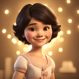 a portrait of smiling girl. carricature. cute. adorable. black hair. short wavy hair. fair skin. dark brown eye pupils. small nose. heart face shape. formal dress. pixar style. 3D. 4k. portrait. highly detailed. sharp focus. high resolution. full color. cinema lighting